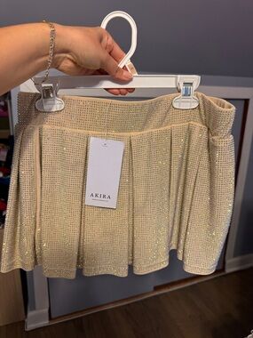 AKIRA Champagne Rhinestone Pleated Mini Skirt